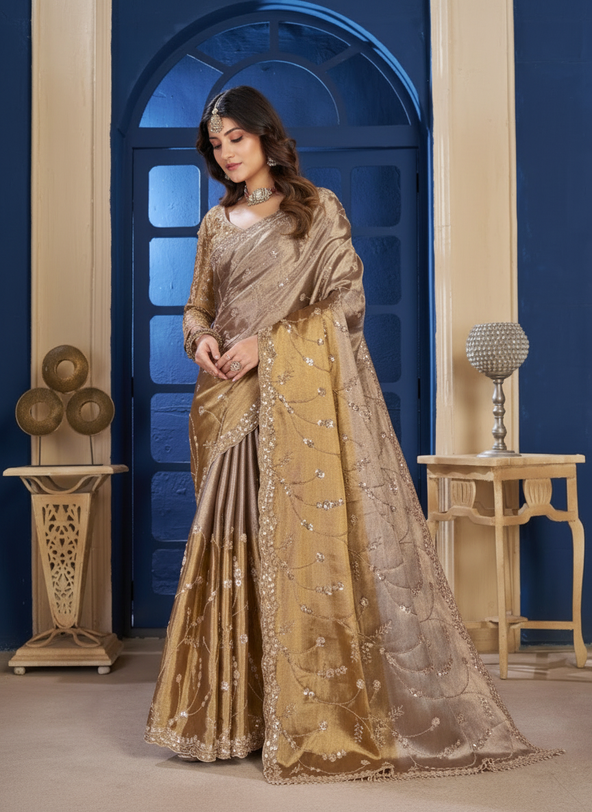 Festive Wear Gold Saree with Delicate Thread & Sequin Embellishments