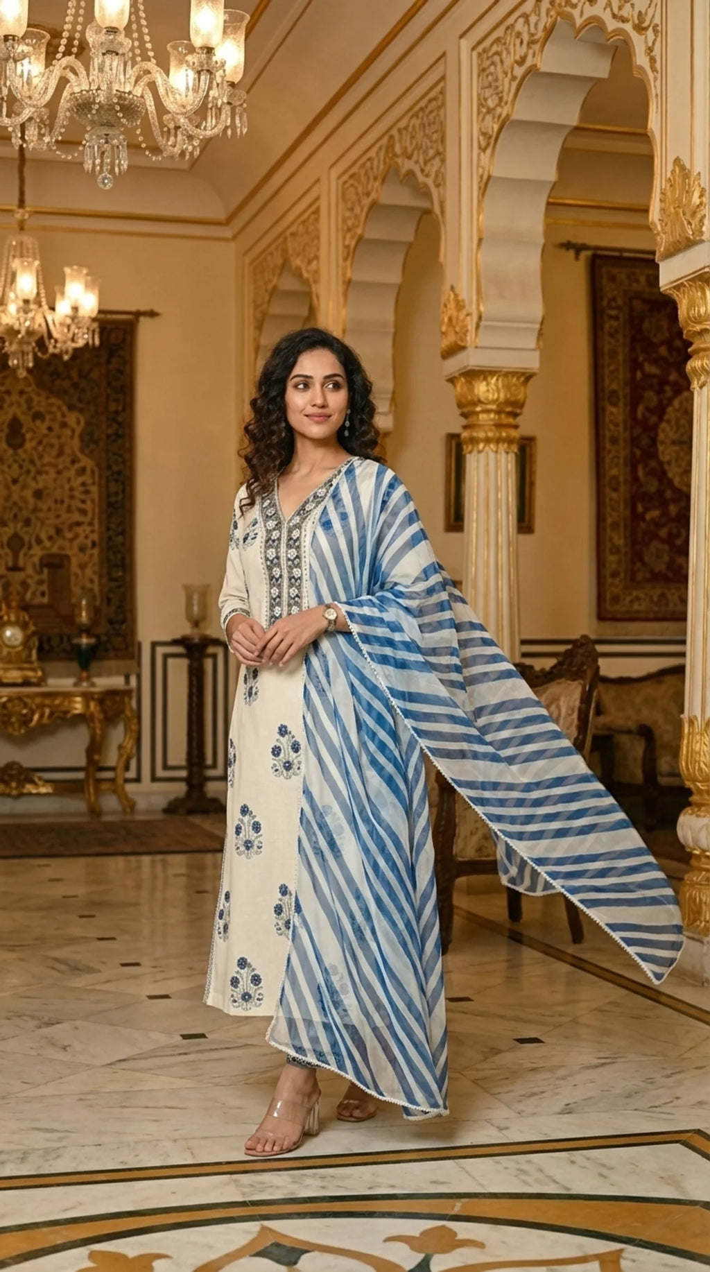Elegant Ivory Cotton Kurta Set with Blue Printed Dupatta – Anita Jain ...