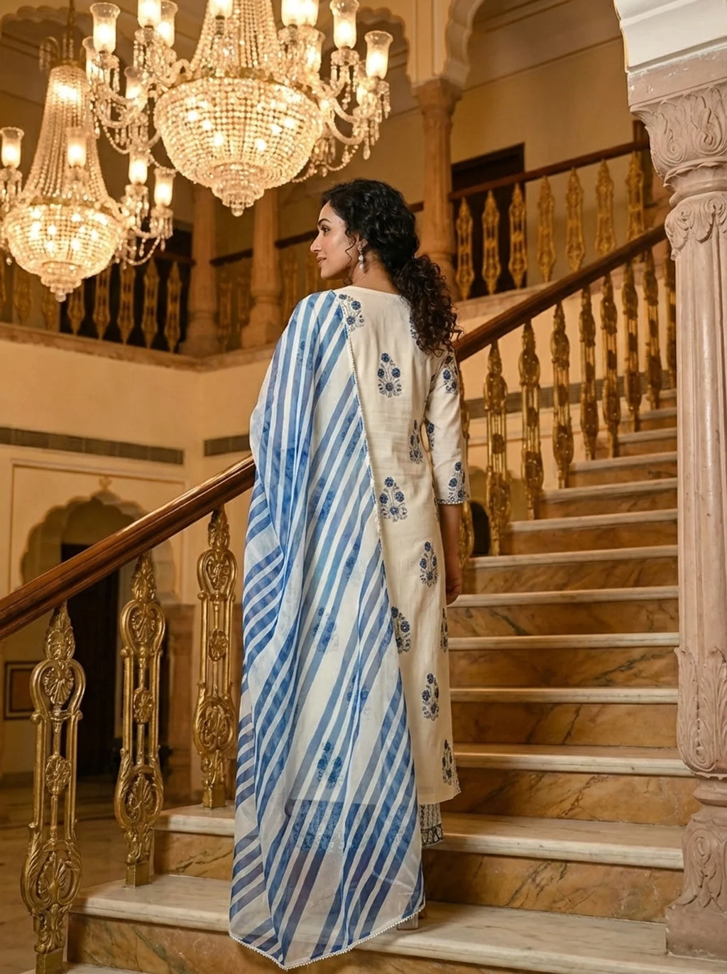 Elegant Ivory Cotton Kurta Set with Blue Printed Dupatta – Anita Jain ...