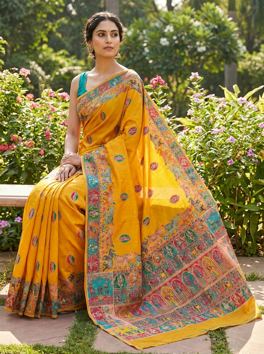 Mustard Katan Silk Festive Saree Sitting