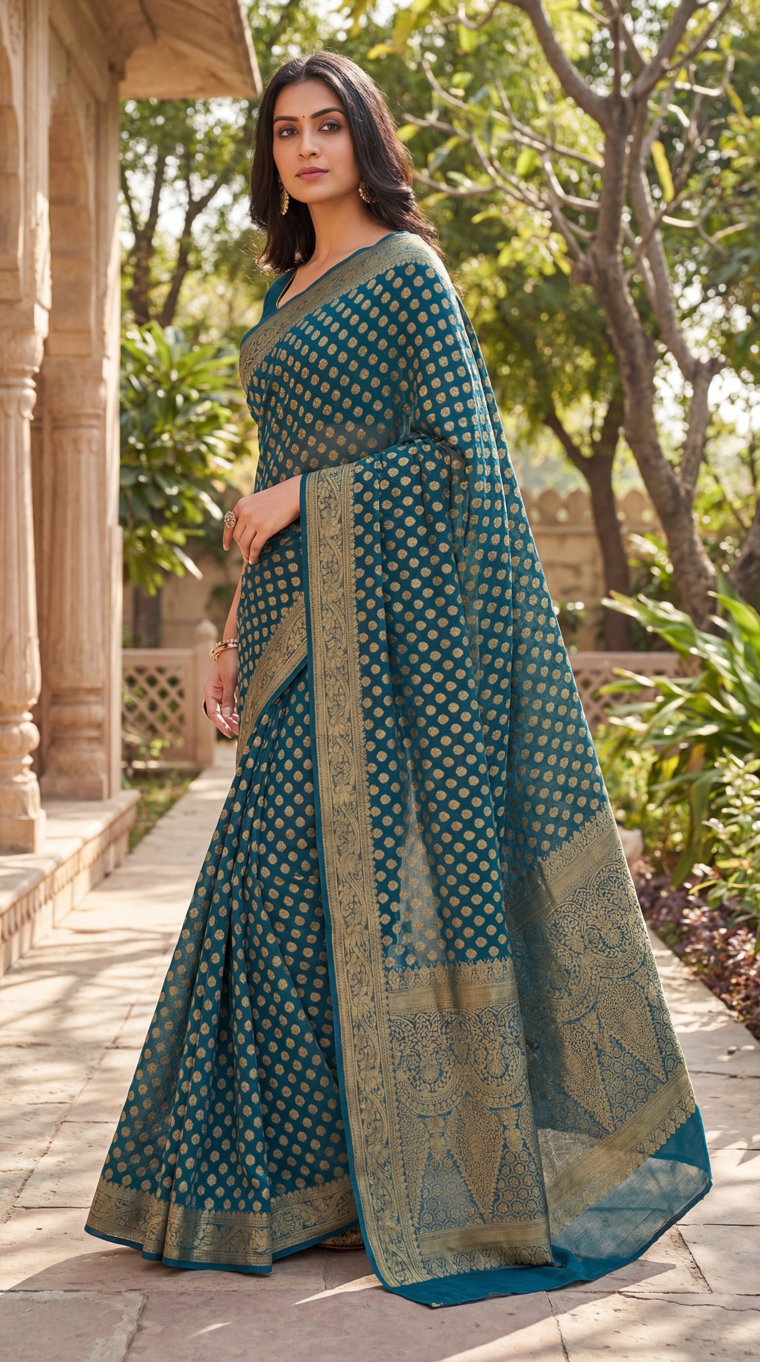 Teal Zari Butti Banarasi Saree 