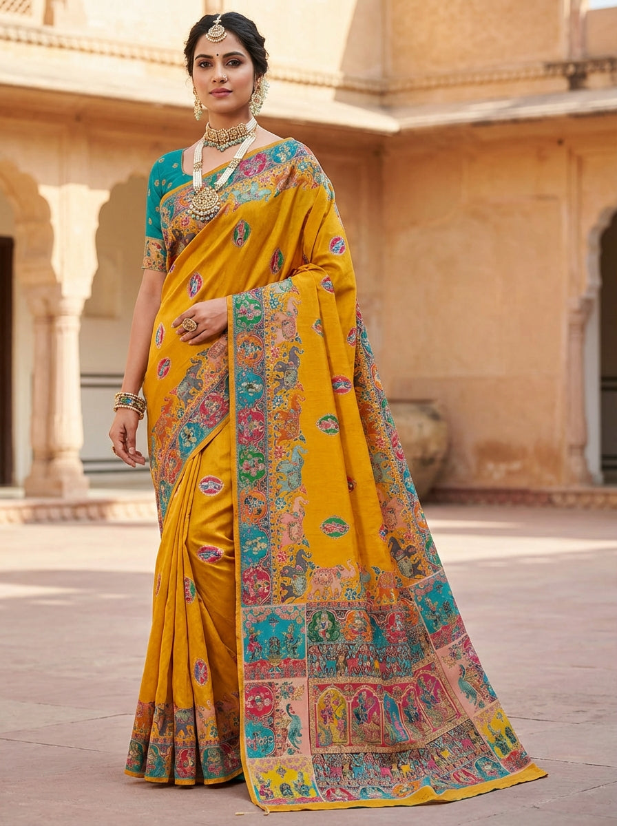 Mustard Katan Silk Festive Saree Front