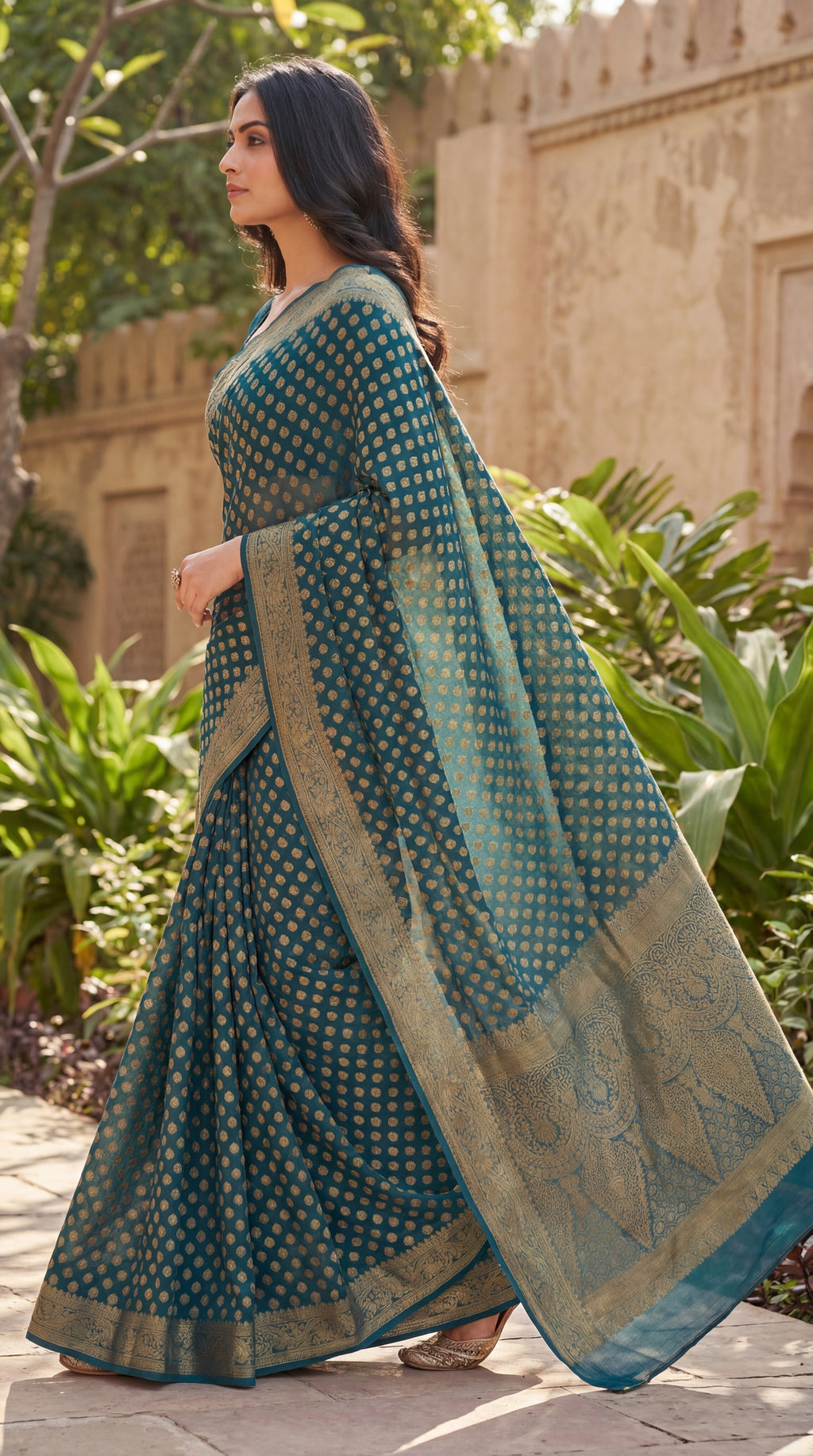 Teal Zari Butti Banarasi Saree Image