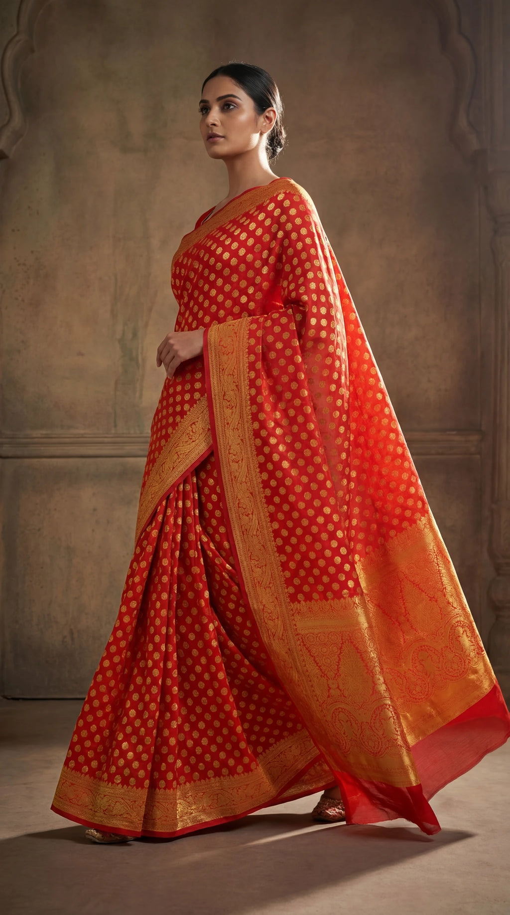 Festive orange Banarasi silk-look saree