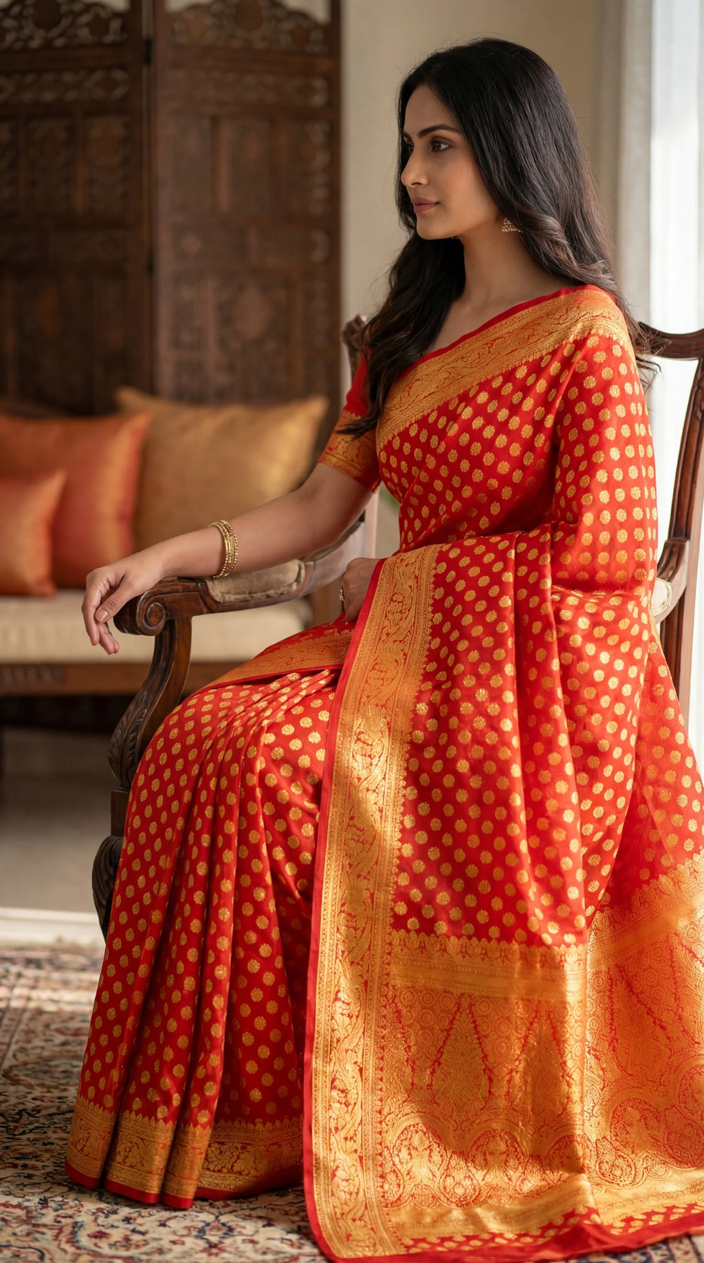 Orange saree with golden zari weaving