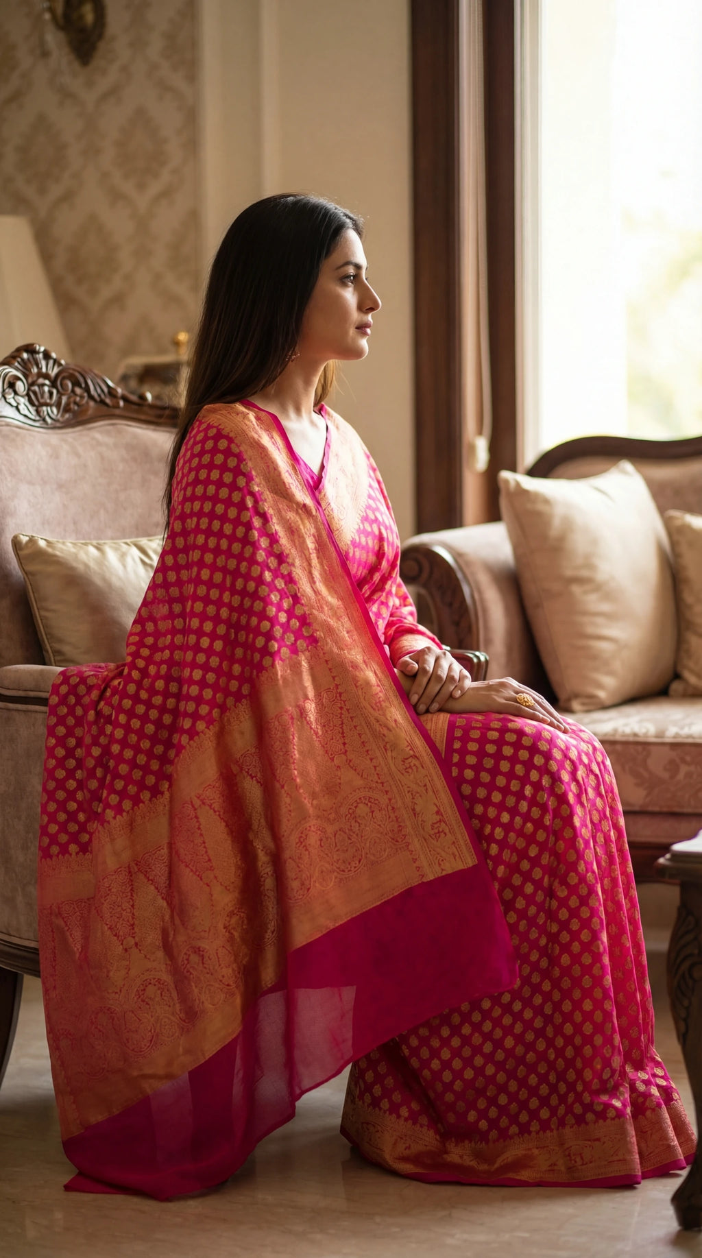 Rani pink Banarasi saree with gold butti