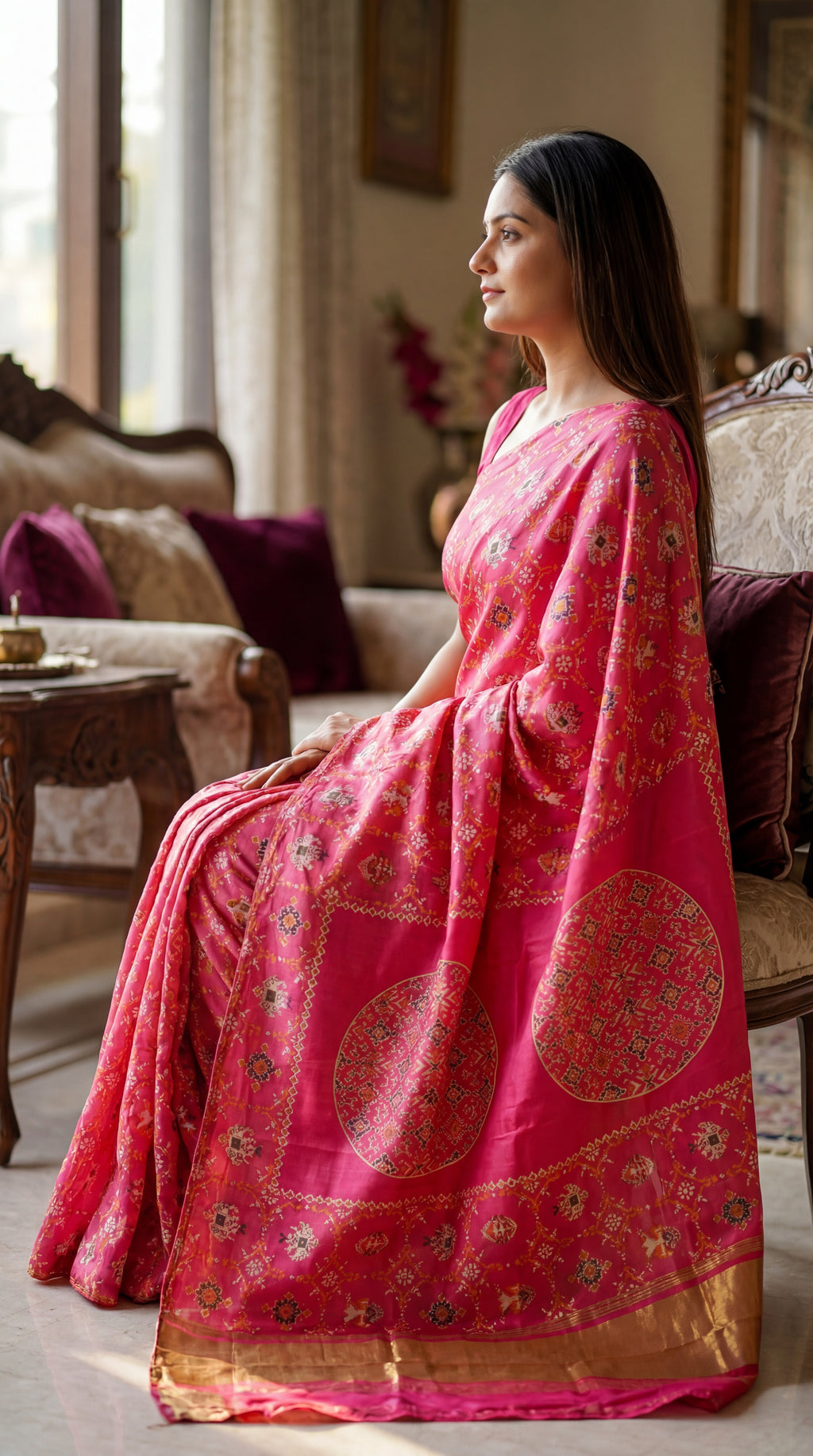 Hand block Ajrakh silk saree