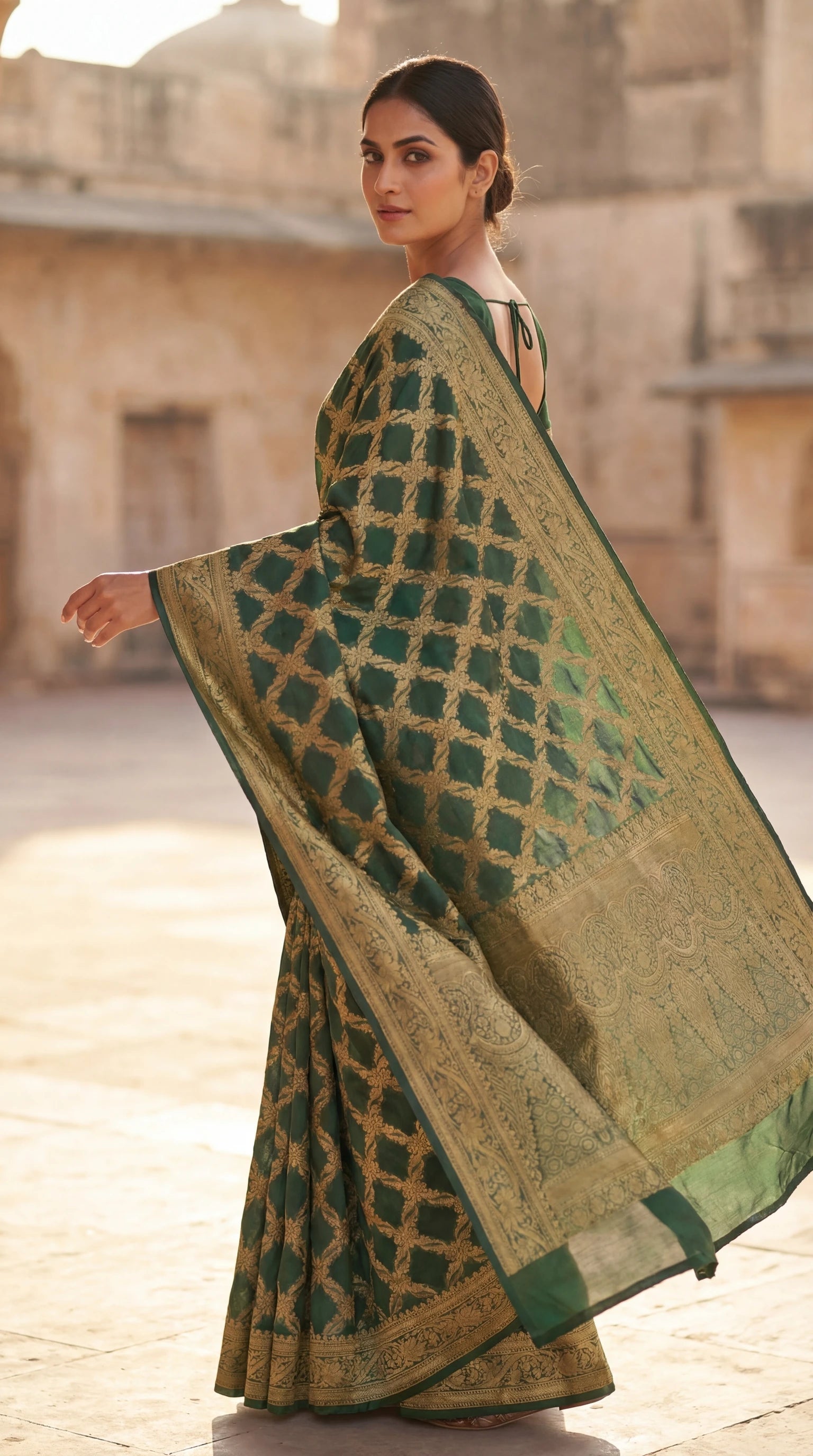 Green georgette saree with gold lattice weave