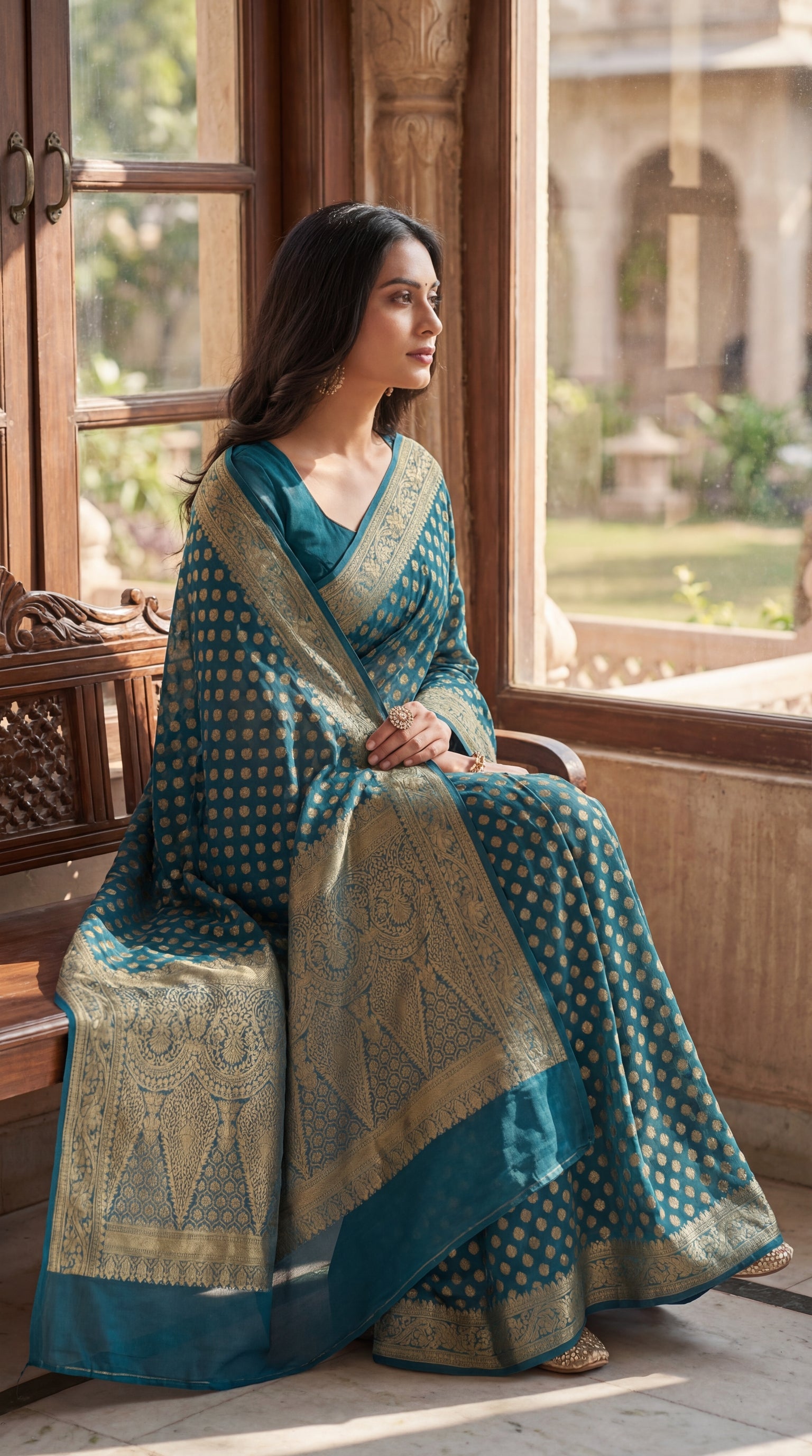 Teal Zari Butti Banarasi Saree for Women