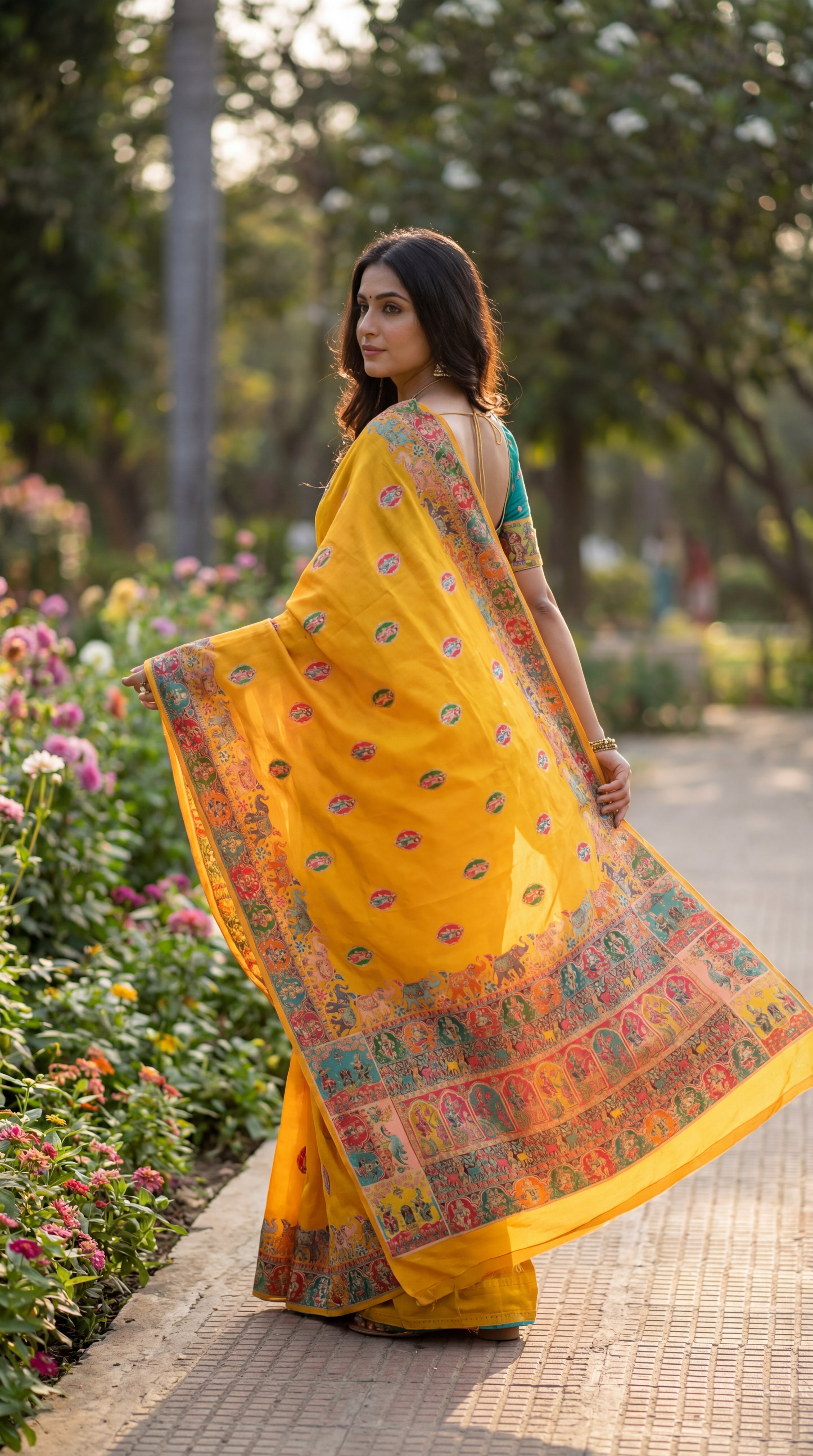 Mustard Katan Silk Festive Saree Back