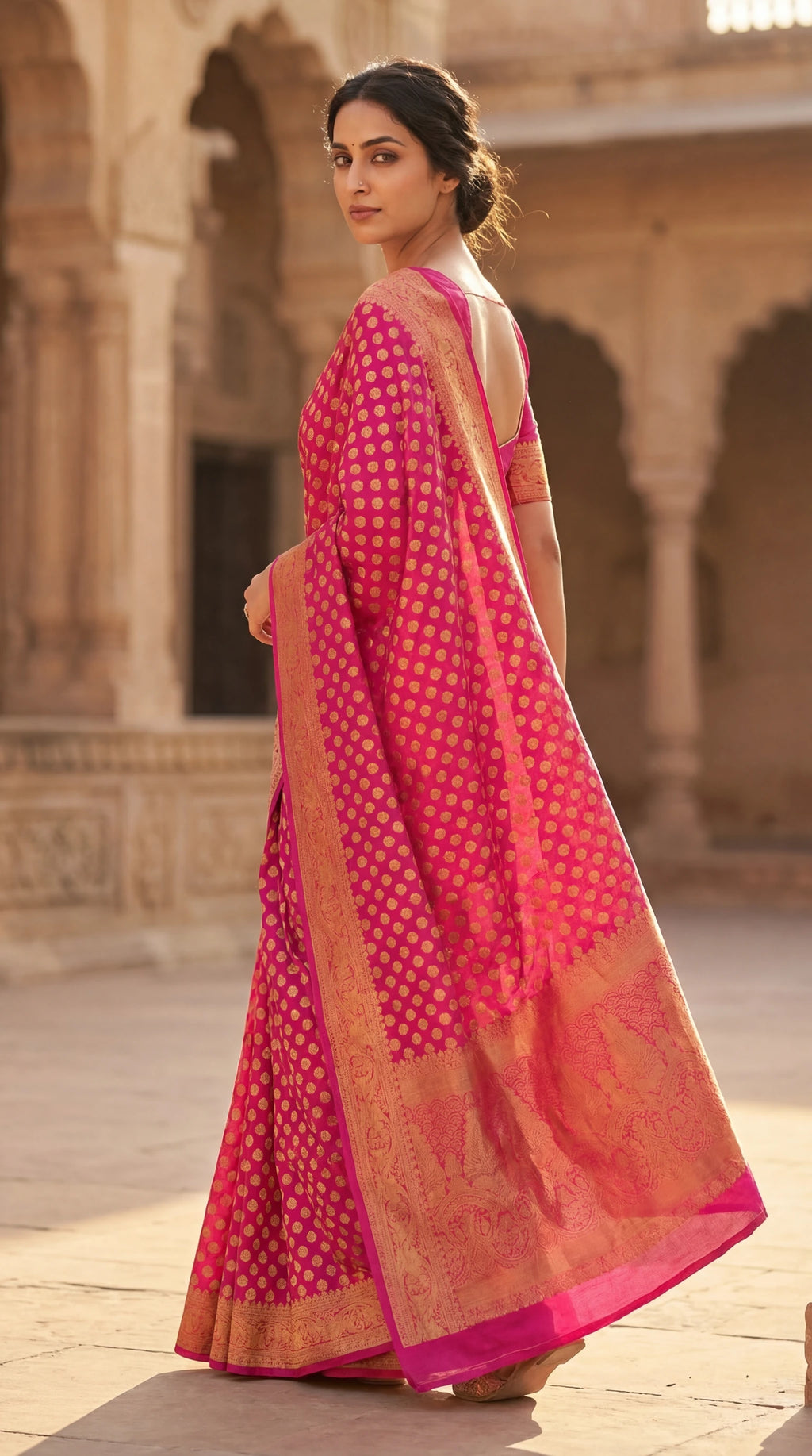 Rani Pink Georgette Banarasi Saree with Gold Zari Butti