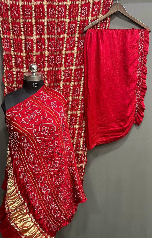 Red Pure Gajji Silk Ghatchola Bandhani Saree with Hand Rai Work - Anita Jain Fashions