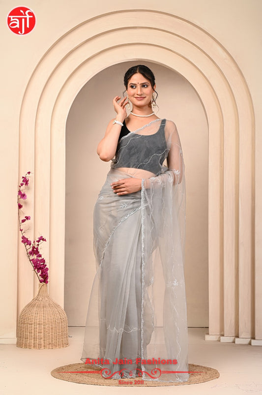 Light Grey Tissue Organza Saree with Cut Dana and Calcutta Work, Includes Blouse Piece