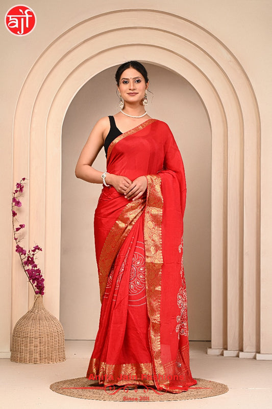 Red HO Silk Saree with Zari Weaving and Bandhani Design, Includes Blouse Piece