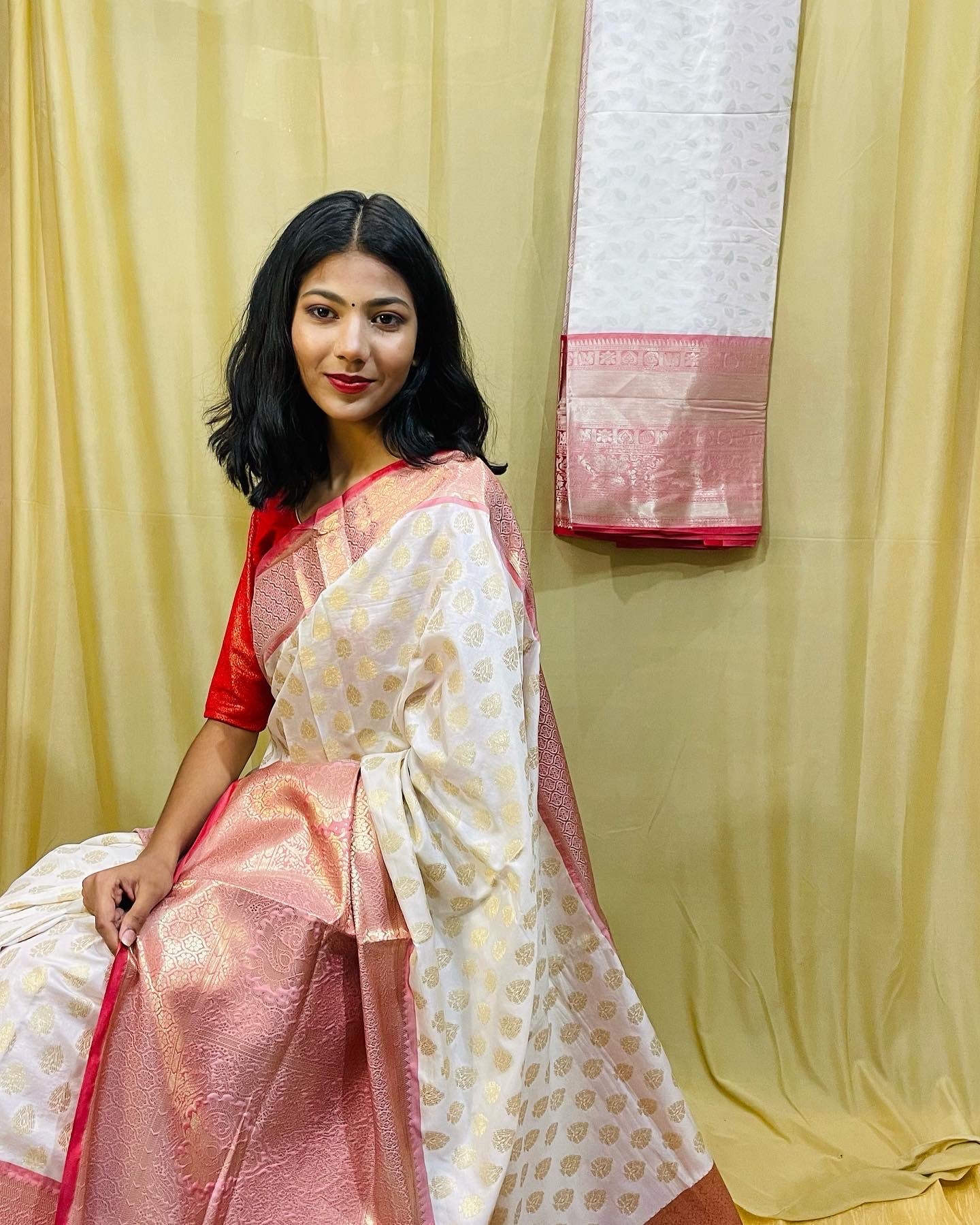 Banarsi Silk Saree with red and pink border | Anita Jain Fashions