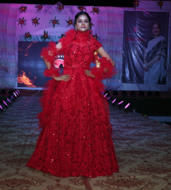 Beautiful party wear red gown - fur with sequience work (fabric) | Anita Jain Fashions