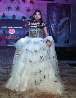 Beautiful white - black gown - net fabric - full flayer | Anita Jain Fashions