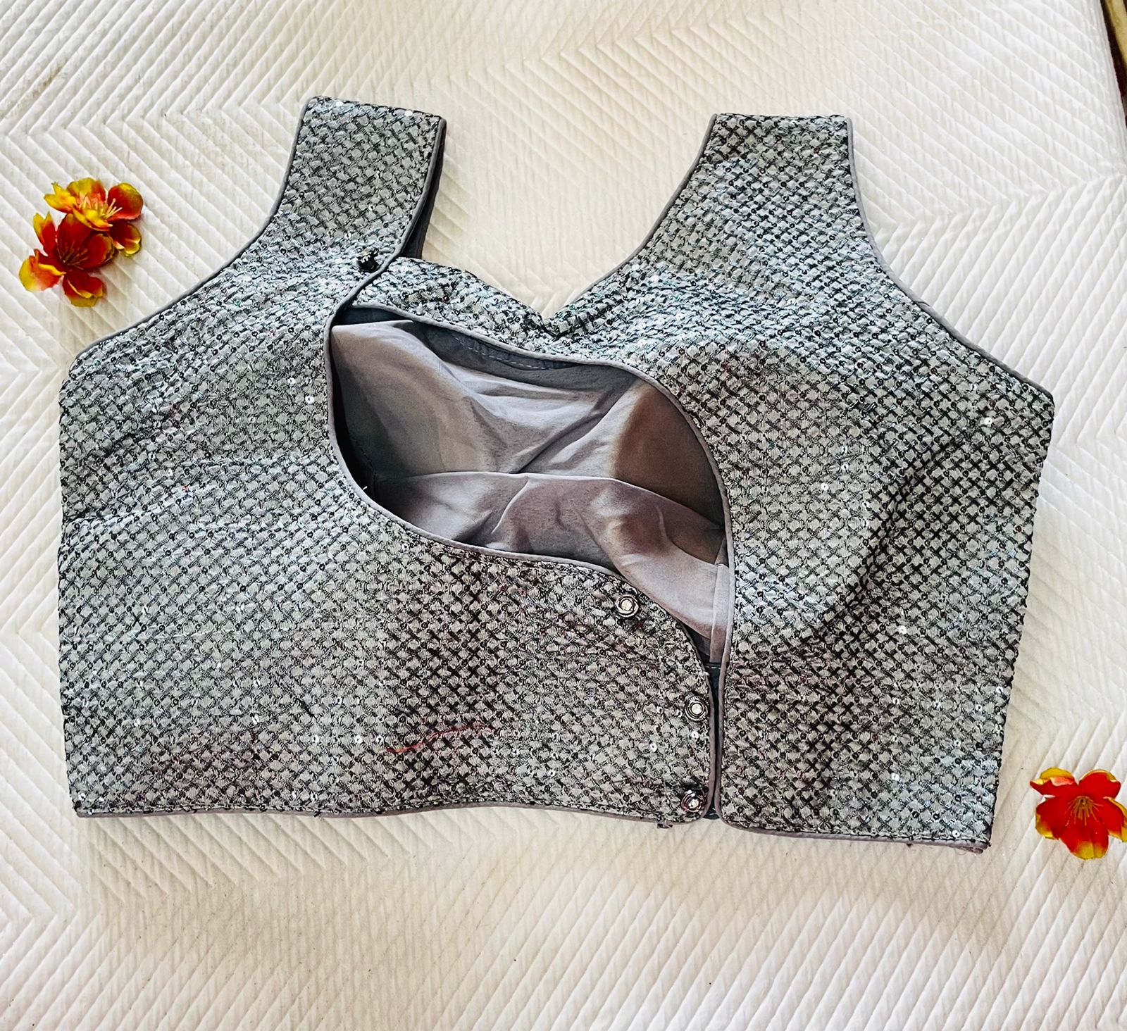 Grey Sequin embroidered fully stitched padded blouse  Waist - 34 inch Bust - 38 inch