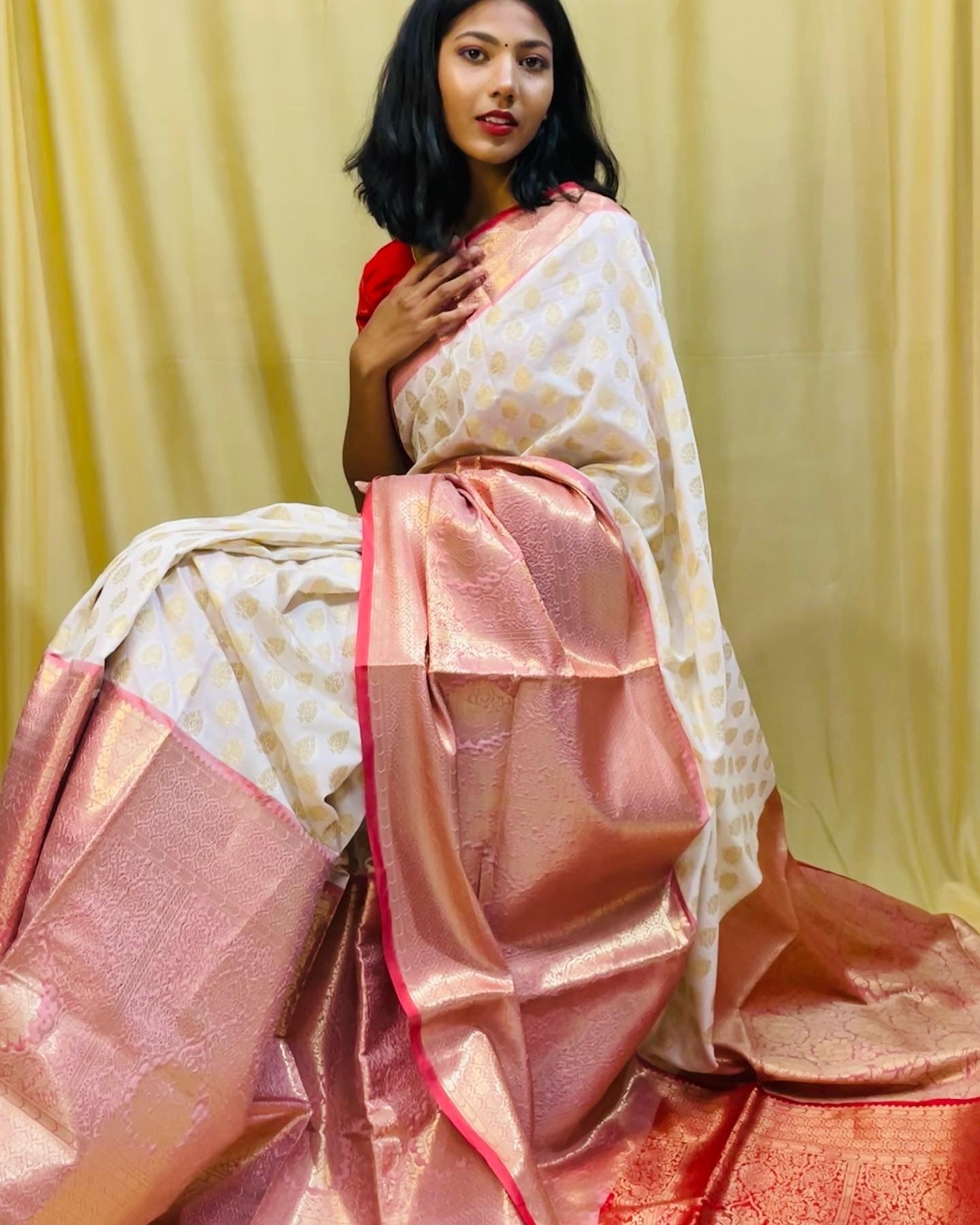 Banarsi Silk Saree with red and pink border | Anita Jain Fashions