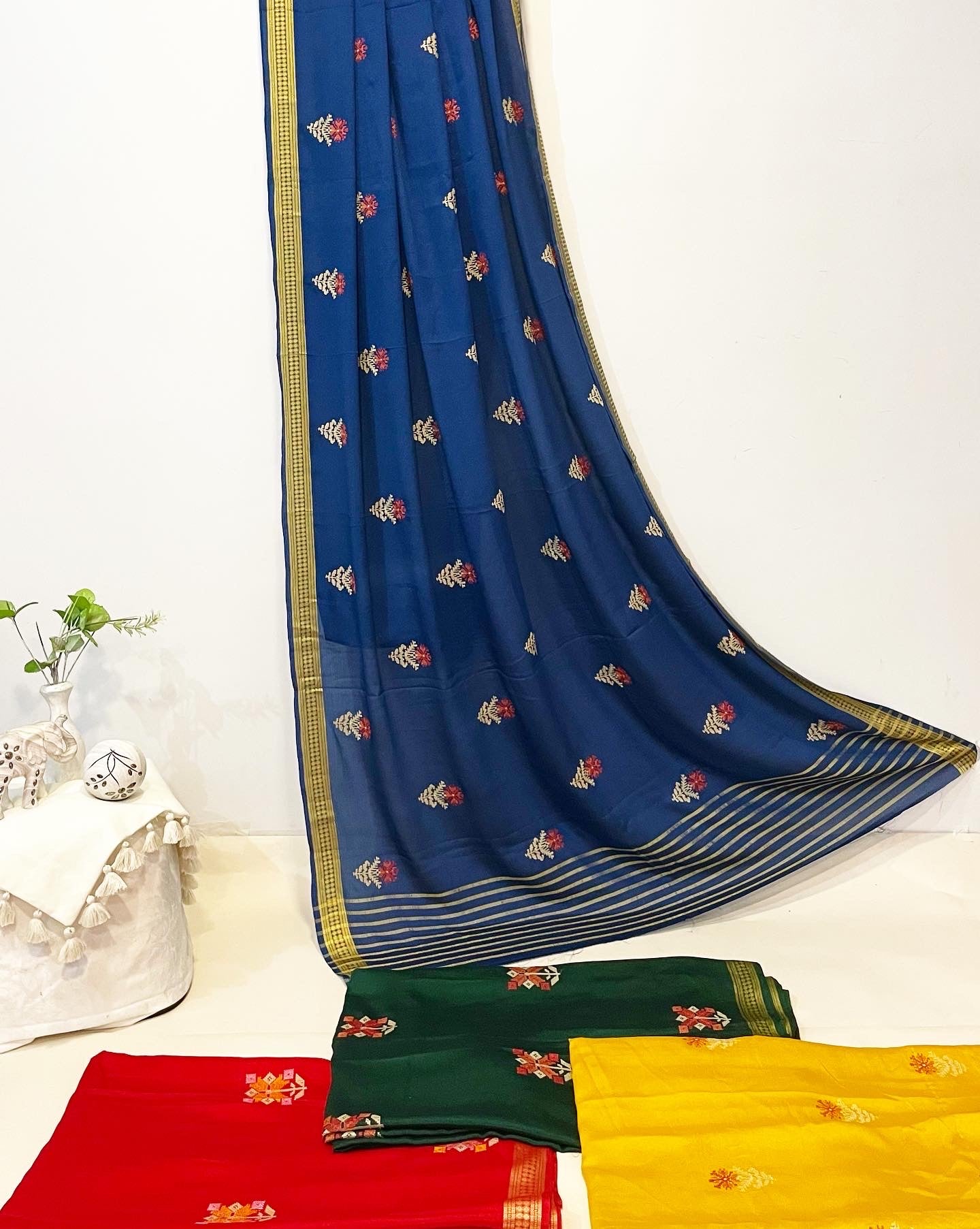 Pure Chinon Silk - Embroidered Saree [ Blue ] | Anita Jain Fashions