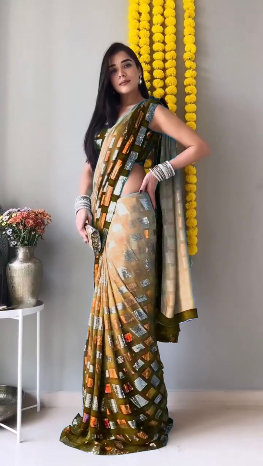 Pure georgette Saree with Sequin work [ Ochre Shaded Color ] | Anita Jain Fashions