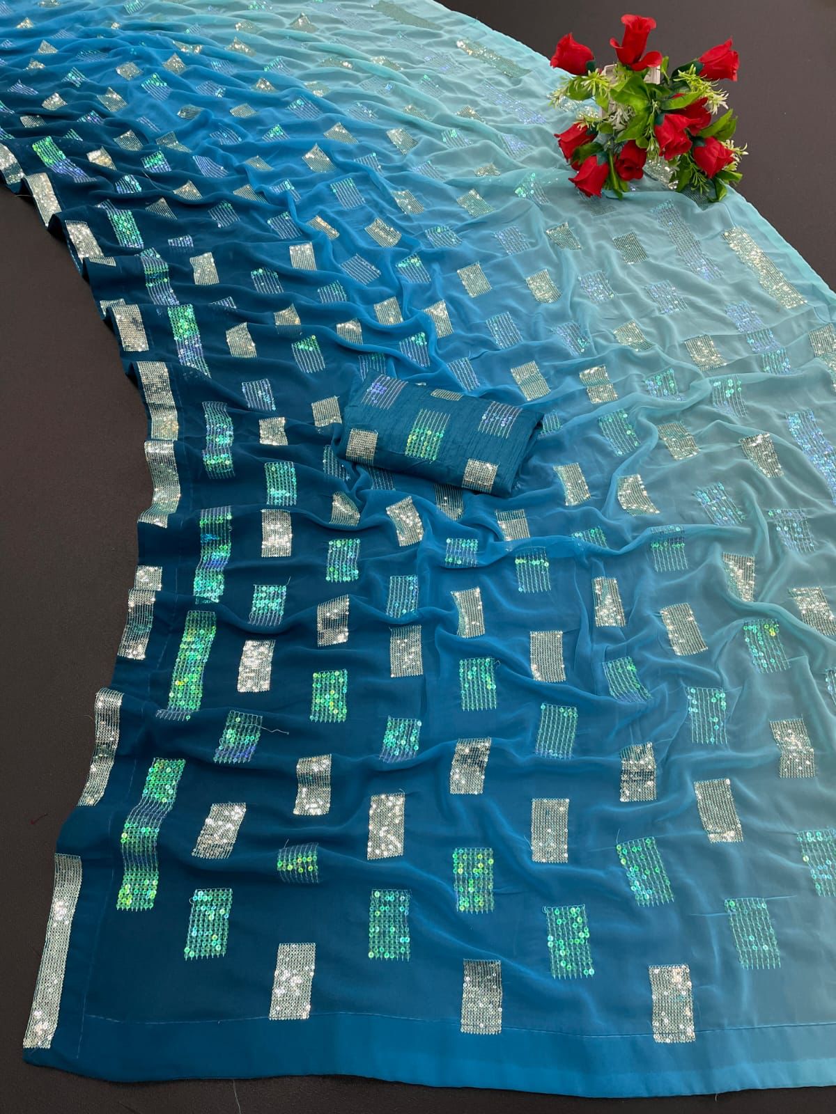 Pure georgette Saree with Sequin work [ Teal Blue Color ] | Anita Jain Fashions
